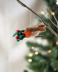 Handmade Felt Robin On A Holly Branch Ornament